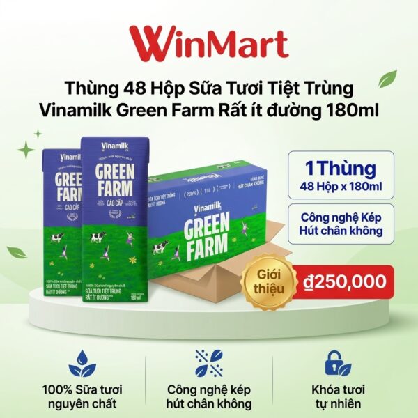 Thùng 48 Hộp Sữa Tươi Tiệt Trùng Vinamilk Green Farm Rất ít đường 180ml